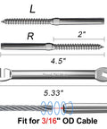 Dimensions of Three Sixteenth Inch Swage Lag Screws Kit For Cable Railing - T316 Stainless Steel With Left And Right Handed Threads