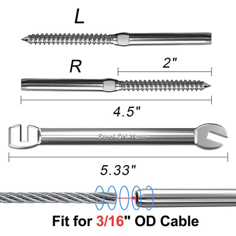 Dimensions of Three Sixteenth Inch Swage Lag Screws Kit For Cable Railing - T316 Stainless Steel With Left And Right Handed Threads