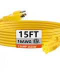 Indoor Outdoor Extension Cord 15 Feet Waterproof All Weather 16 AWG 3 Conductor Cold Resistant 13A 1625W SJTW 3 Prong Yellow