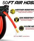 Retractable Air Hose Reel Workhorse With 3-8 Inch By 50 Feet Hybrid Polymer Hose, Pro Grade Steel And Polypropylene Drum, 300 PSI Maximum, MNPT Connections, Lead-In Hose Not Included displayed with features description