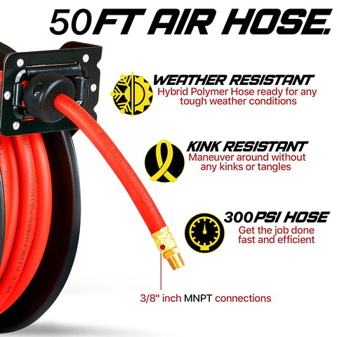 Retractable Air Hose Reel Workhorse With 3-8 Inch By 50 Feet Hybrid Polymer Hose, Pro Grade Steel And Polypropylene Drum, 300 PSI Maximum, MNPT Connections, Lead-In Hose Not Included displayed with features description