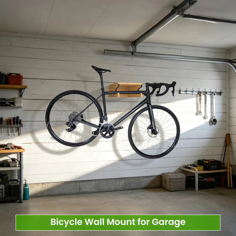 Wood Bike Wall Mount With Shelf And Hooks, all in one road bike storage rack in garage displaying a bike and gear shelf.
