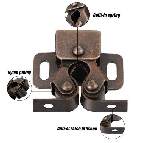 Heavy Duty 20 Piece Cabinet Door Latch And Catch Kit In Rich Brown Antique Copper Finish Solid Galvanized Steel with built-in spring and nylon pulley.