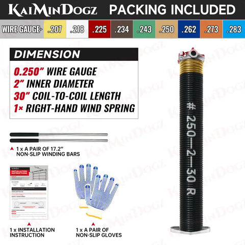 Right Hand Wind Red Cone Garage Door Torsion Spring 0.250 By 2 By 30 Inches with non slip winding bars and gloves