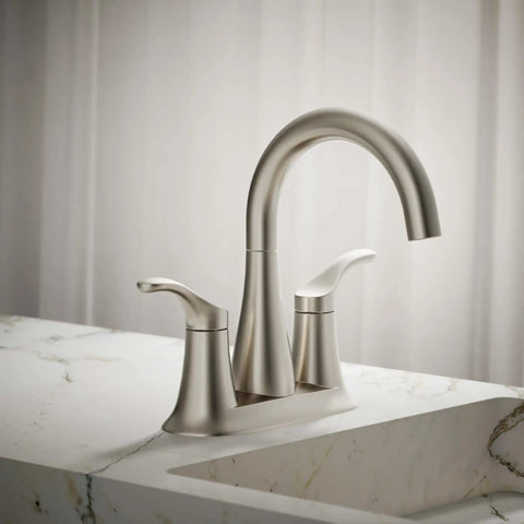 Simplice Centerset Two Handle Bathroom Sink Faucet With Clicker Drain 1.0 GPM Water Flow Modern Vanity Faucet in brushed nickel finish