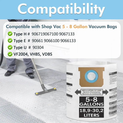 15 Pack Vacuum Bags For 5 To 8 Gallon Vacuums Type E 90661 9066133 Type H 90671 9067133 Type U 90304 compatibility chart