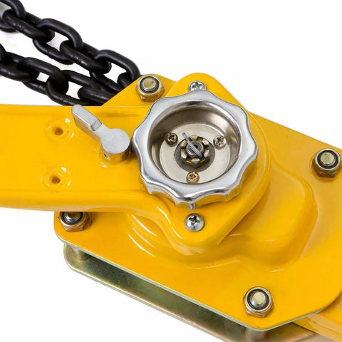 Heavy Duty Lever Block Chain Hoist And Comealong Puller With 6 Ton Capacity close-up of silver adjustment knob and yellow lever