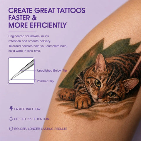 Pro2 Tattoo Needle Cartridges With Textured Pin Tech For Slick Ink Flow Control 20 Pack Round Liner Membrane Disposable Cartridges Model 1203RL X Compatible With All Cartridge Grips on tattooed arm