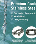 Hella Tough 316 Marine Grade Stainless Steel Anchor Chain One Quarter Inch By Four Feet in water with double-threaded bow shackle.