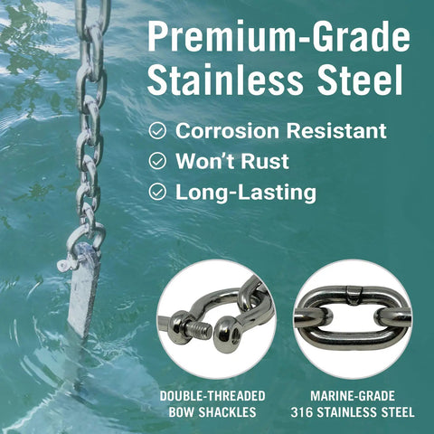 Hella Tough 316 Marine Grade Stainless Steel Anchor Chain One Quarter Inch By Four Feet in water with double-threaded bow shackle.