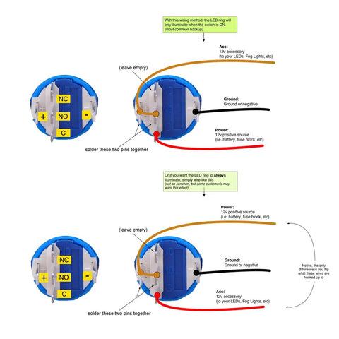 Wiring diagram for Latching Pushbutton Switch U19C1 1NO1NC SPDT On Off Metal Shell With Blue LED, showing soldering points and connections.