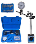 Dial indicator with magnetic base, long adjustable arm; 0–10 mm range, 0.01 mm precision, shown with blue case.