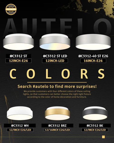 Image showing various models of 12 Inch Flush Mount Ceiling Light Fixture With Frosted Glass Shade In Brushed Nickel Finish.
