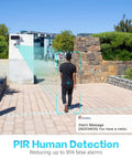 Rugged Solar Wireless Security Camera With 2.5K 4MP Clarity detecting a person using PIR Human Detection outdoors on sunny day.