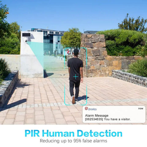 Rugged Solar Wireless Security Camera With 2.5K 4MP Clarity detecting a person using PIR Human Detection outdoors on sunny day.