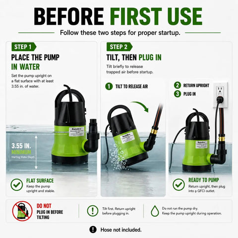 Before first use instructions for Heavy Duty Submersible Sump Pump Crafted For Rapid Pool Draining And Quick Flood Pickup.
