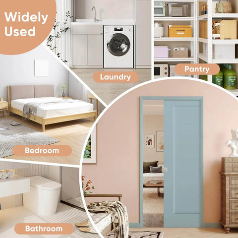 Image showing a 36 By 80 Inch Sliding Pocket Door With Track Hardware And Frame Kit White Paintable Door Slab Satin Nickel Privacy Latch Soft Close Mechanism Durable Smooth Glide For Modern Homes And Tight Spaces widely used in bedroom, laundry, pantry, and bathroom settings.