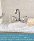 Solid Build RV Bathroom Faucet With Four Inch Centerset Setup And Six Inch High Arch Swivel Spout Smooth Lever Handles Plug And Play Camper Sink Replacement view on marble countertop with toiletries and towels.