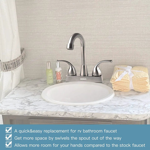 Solid Build RV Bathroom Faucet With Four Inch Centerset Setup And Six Inch High Arch Swivel Spout Smooth Lever Handles Plug And Play Camper Sink Replacement view on marble countertop with toiletries and towels.