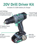 20V Cordless Drill Driver Kit With 2Ah Lithium Battery And Two Point Four Amp Charger Cross Compatible With SKIL PWRCORE 20 Tools