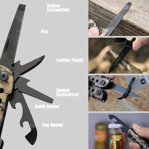 13 In 1 Outdoor Folding Multitool Pliers in camo showing slotted screwdriver, file, leather punch, bottle opener, and can opener