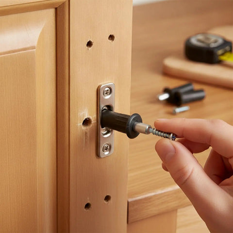 Spring Loaded Cabinet Hinge Repair Pins For Stripped Screw Holes Gold Plastic And Metal Anchor Kit 24 Pack Universal Fit For Standard Kitchen And Bathroom Hinges Quick Install, hand installing pin in wood cabinet hinge