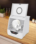 Compact Countertop Mini Dishwasher With Four Washing Modes And Heavy Duty Rust Proof Rack, open with plates and cups inside.