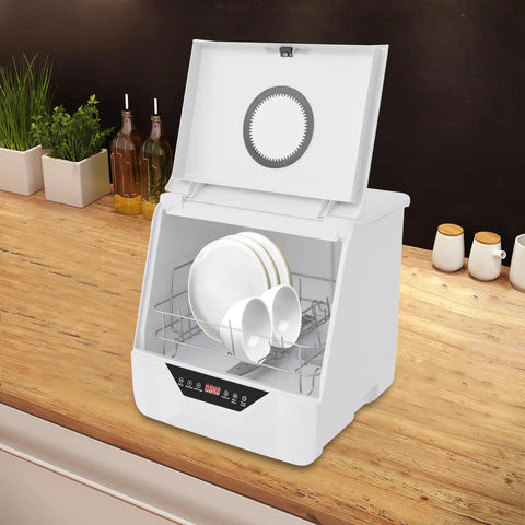 Compact Countertop Mini Dishwasher With Four Washing Modes And Heavy Duty Rust Proof Rack, open with plates and cups inside.