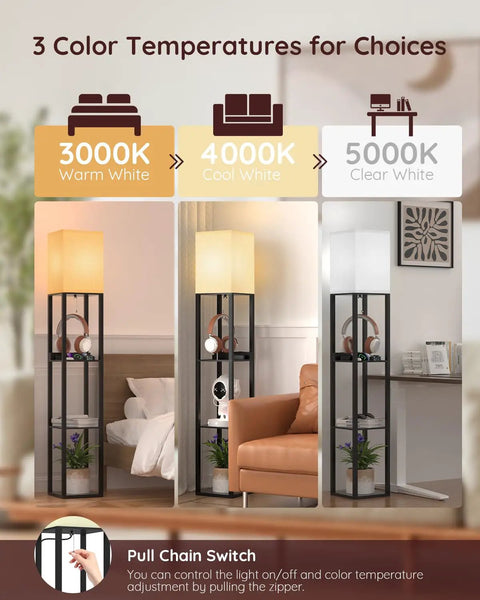 Shelf Floor Lamp With Solid Wood Shelves And USB Charging Ports With Three Color Temperatures Demonstrated in Living Room