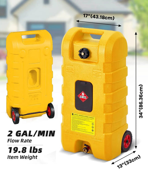 Garvee 15 Gal Gas Caddy Heavy Duty Gas Can With Manual Fuel Transfer Pump, yellow, HDPE, 34 inches tall, 2 GPM flow rate.