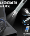 Electric Screwdriver Kit With 144-In-1 Precision Bits And 120 Magnetic Bits shown illuminating a laptop keyboard using LED lights.