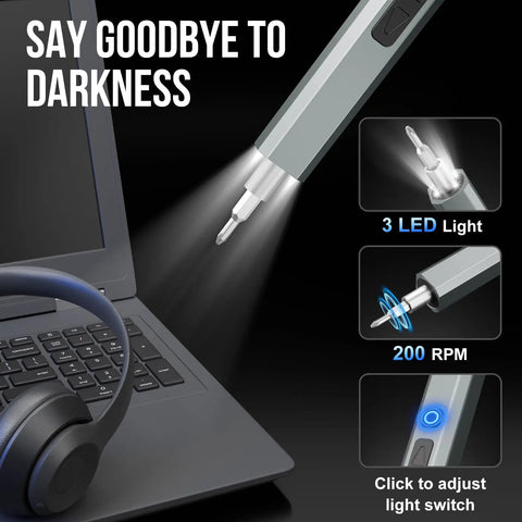 Electric Screwdriver Kit With 144-In-1 Precision Bits And 120 Magnetic Bits shown illuminating a laptop keyboard using LED lights.