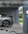3 Prong 25 Foot Dryer And EV Extension Cord, 30 Amp NEMA 10-30P To 10-30R connected to electric vehicle, showing charging setup.