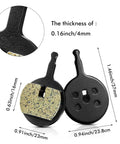 4 Pairs Resin Disc Brake Pads For Mechanical Bike Brakes Compatible With Avid BB5 CSC Kingdom Promax DC Series And More Low Noise Low Dust Disc Friendly High Temp Performance Long Lasting And Easy Install, showing dimensions and thickness