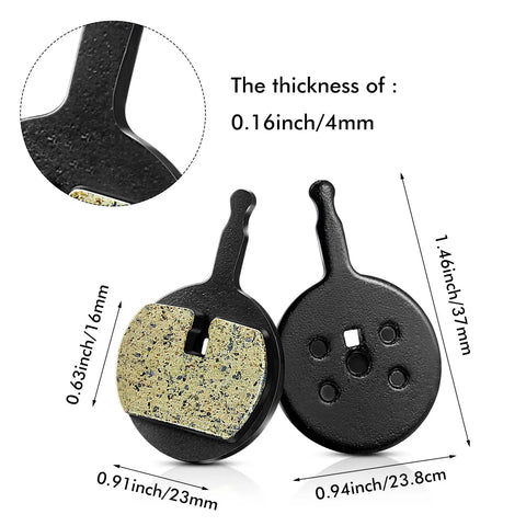 4 Pairs Resin Disc Brake Pads For Mechanical Bike Brakes Compatible With Avid BB5 CSC Kingdom Promax DC Series And More Low Noise Low Dust Disc Friendly High Temp Performance Long Lasting And Easy Install, showing dimensions and thickness