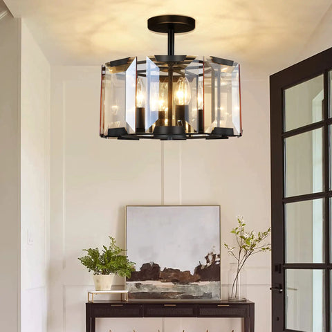 Vintage Crystal Chandelier Dope Round Wagon Wheel Frame 4 Light Matte Black Semi Flush Mount Ceiling Light For Industrial Farmhouse Bedroom Dining Room Kitchen Hallway Entrance