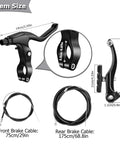 Beefed-Up All-In-One Bike Brake Kit with black levers, calipers, 75cm front cable, 175cm rear cable shown with measurements.