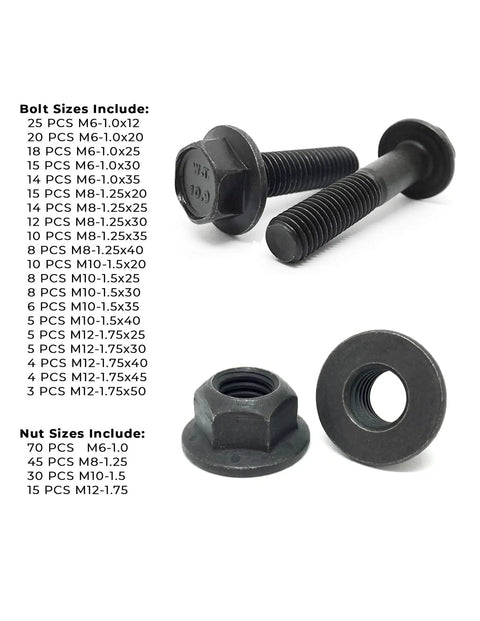 10.9 Grade Hex Cap Flange Bolts And Locking Flange Nuts Kit - 370-Piece Heavy Duty Fastener Set With Size List