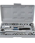 Hella Durable 40-Piece Socket And Wrench Set Featuring Metric And SAE Sizes For Your Ultimate Automotive And Motorcycle Repair Rig Including All Essential Bits To Fix Your Setup Quick Without Breaking A Sweat - complete kit in gray storage case.