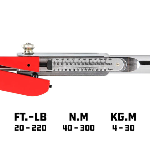 Beefy Half Inch Drive Deflecting Beam Torque Wrench with Audible Click Accurate 20 to 220 ft lbs scale measurement close-up.