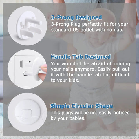 Outlet Covers White 38 Pack Baby Proofing showing 3-prong design, handle tab for easy removal, and simple circular shape.
