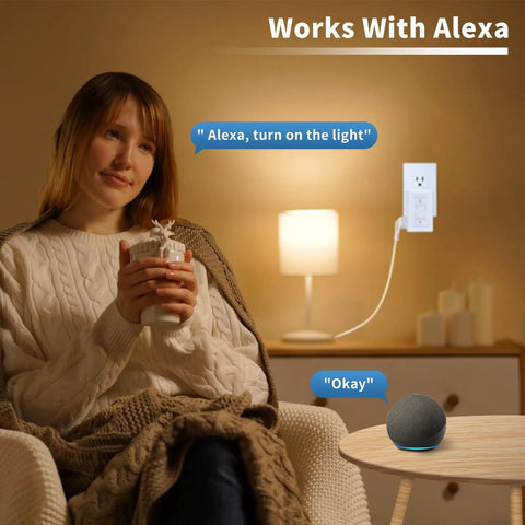 Woman using Go To Smart Plug Dimmer With Remote For Indoor Lighting Alexa Ready Digital Light Switch for lamps dimmable LED CFL.
