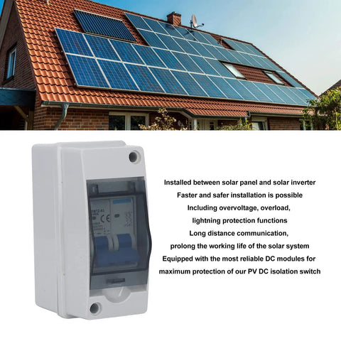 Close-up of Heavy Duty DC Disconnect Switch 1000V 40A For PV Solar Panels IP65 Weatherproof Distribution Box with clear cover.