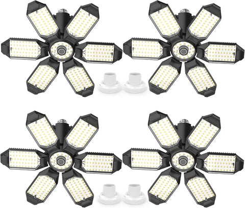 4 Pack 220W LED Garage Lights Deformable Ceiling Shop Lights With E26 Base Ultra Bright Basement Warehouse Workshop Lighting Kit Easy Screw In Install Wide Coverage Durable Aluminum Design