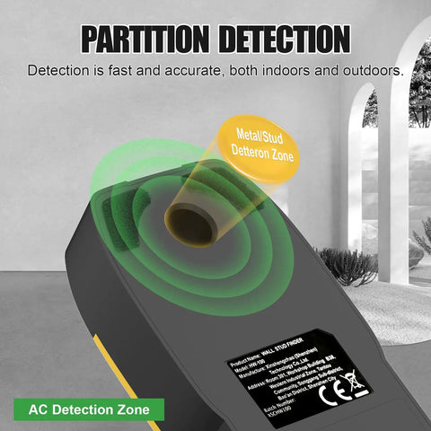 Wall Scanner Stud Finder 6-in-1 Metal Detector Auto Shutoff LCD(Yellow) with detection zones for metal and AC wires.