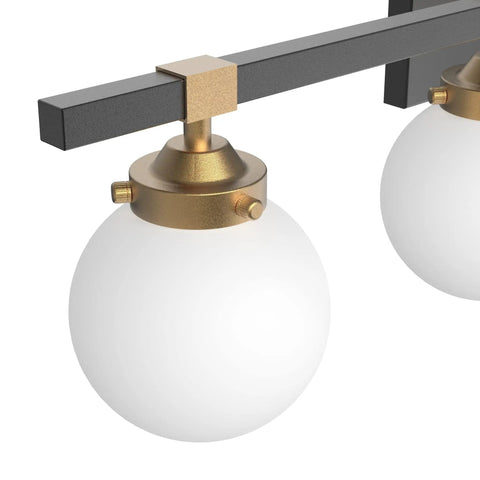 Mid Century Modern Bathroom Vanity Light Fixture Set With Three Lights Milky White Glass Shades Black And Gold Finish close-up