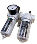 Front view of 1/4 Inch NPT Air Filter Regulator Lubricator FRL All In One Combo with water trap and 0-150 PSI gauge.