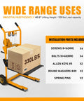 Heavy Duty Manual Pallet Stacker With Rock Solid Winch System Designed For Narrow Aisles And No Sweat Lifting Of Heavy Crates Up To 330 Pounds In Any Warehouse with 330 lb box.