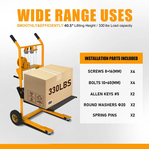 Heavy Duty Manual Pallet Stacker With Rock Solid Winch System Designed For Narrow Aisles And No Sweat Lifting Of Heavy Crates Up To 330 Pounds In Any Warehouse with 330 lb box.