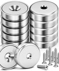 10 Pack 70 Lbs Neodymium Cup Magnets With Countersunk Holes For Secure Tool Holding And Wall Mounting, strong rare earth disc magnets shown with stainless screws